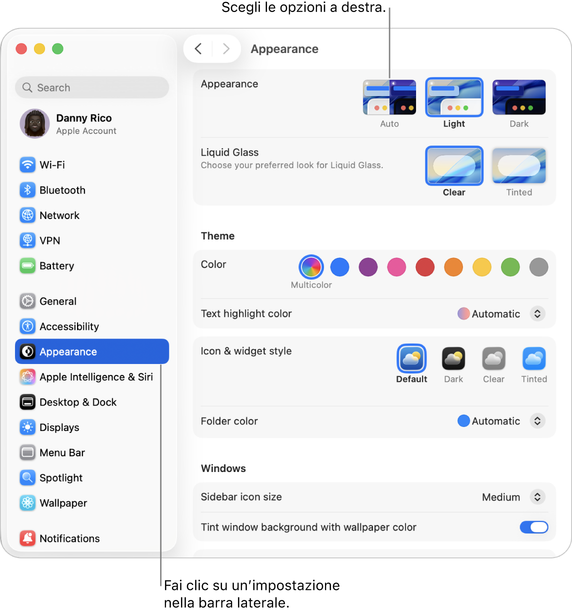 La finestra Impostazioni di Sistema, con le impostazioni Aspetto selezionate nella barra laterale e le opzioni Aspetto sulla destra.