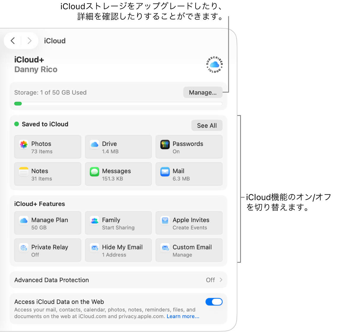 よく使用する機能のiCloud設定。