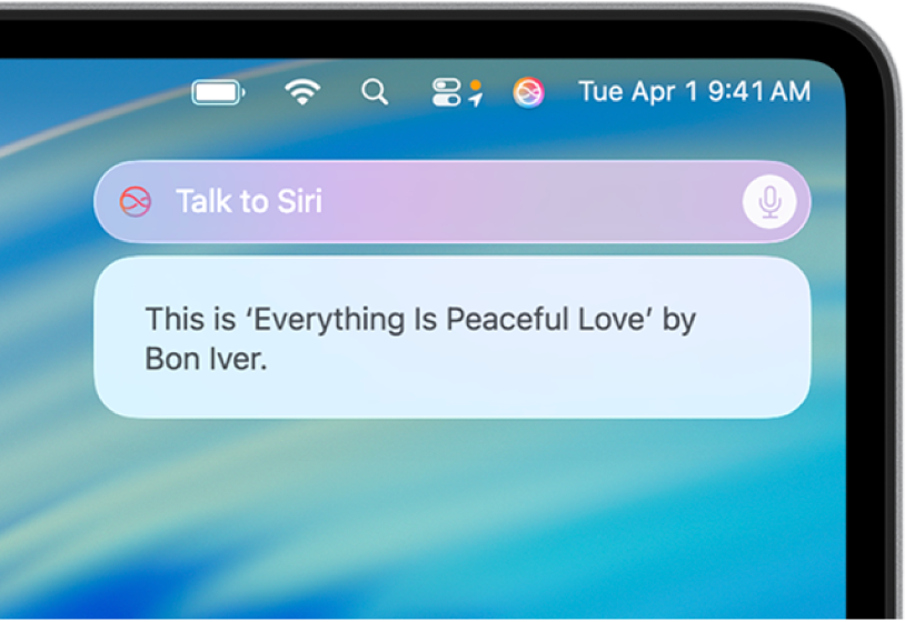 Macデスクトップの右上にあるSiriへのリクエストのフィールドとその応答。