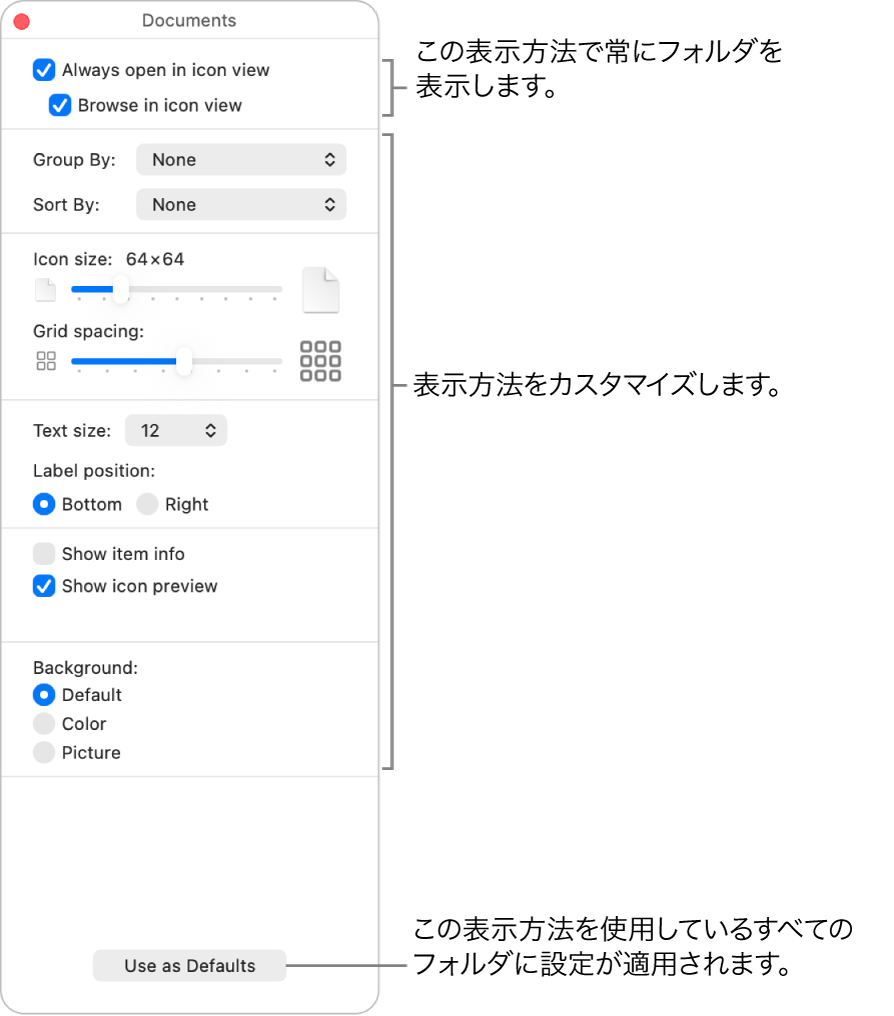 フォルダのアイコン表示のオプション。