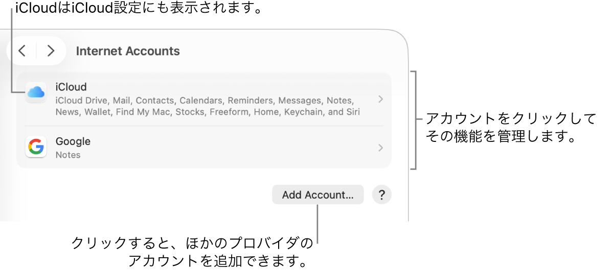 「インターネットアカウント」設定。Macで設定されたアカウントがリストで表示されています。