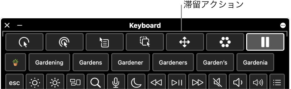 アクセシビリティキーボード上部にある滞留アクションボタン。