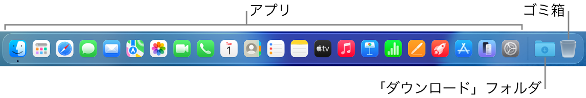 アプリアイコン、ダウンロードフォルダ、ゴミ箱が表示されたDock。