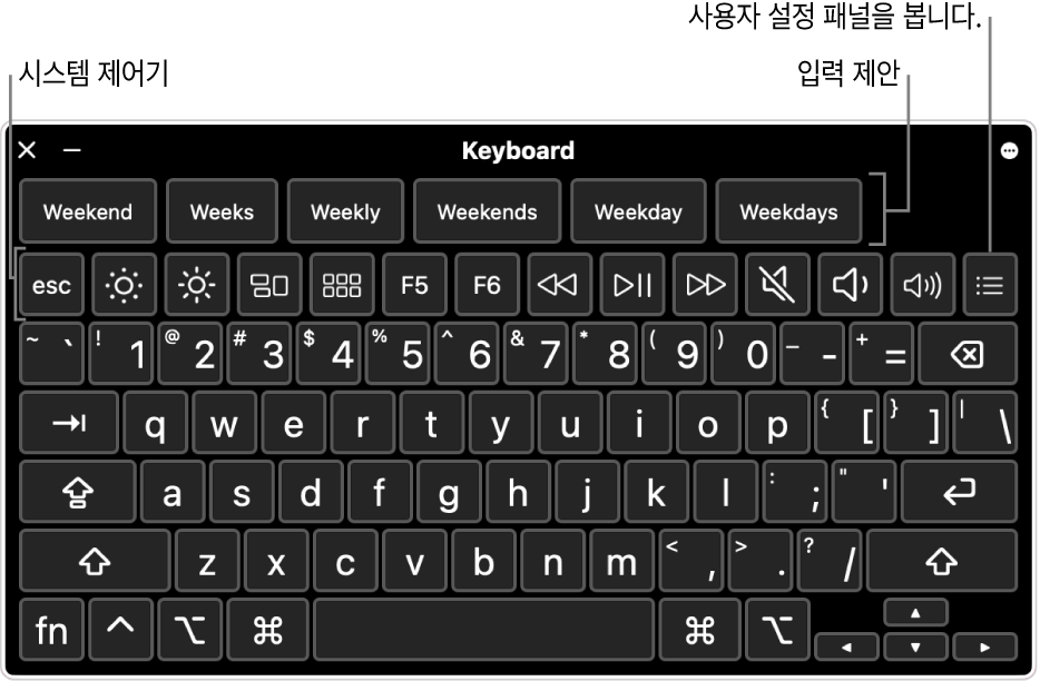 입력 제안이 상단에 표시되어 있는 손쉬운 사용 키보드. 아래에는 디스플레이 밝기 조절 및 사용자 설정 패널 보기 등의 동작을 수행할 수 있는 시스템 제어기 버튼이 있음.