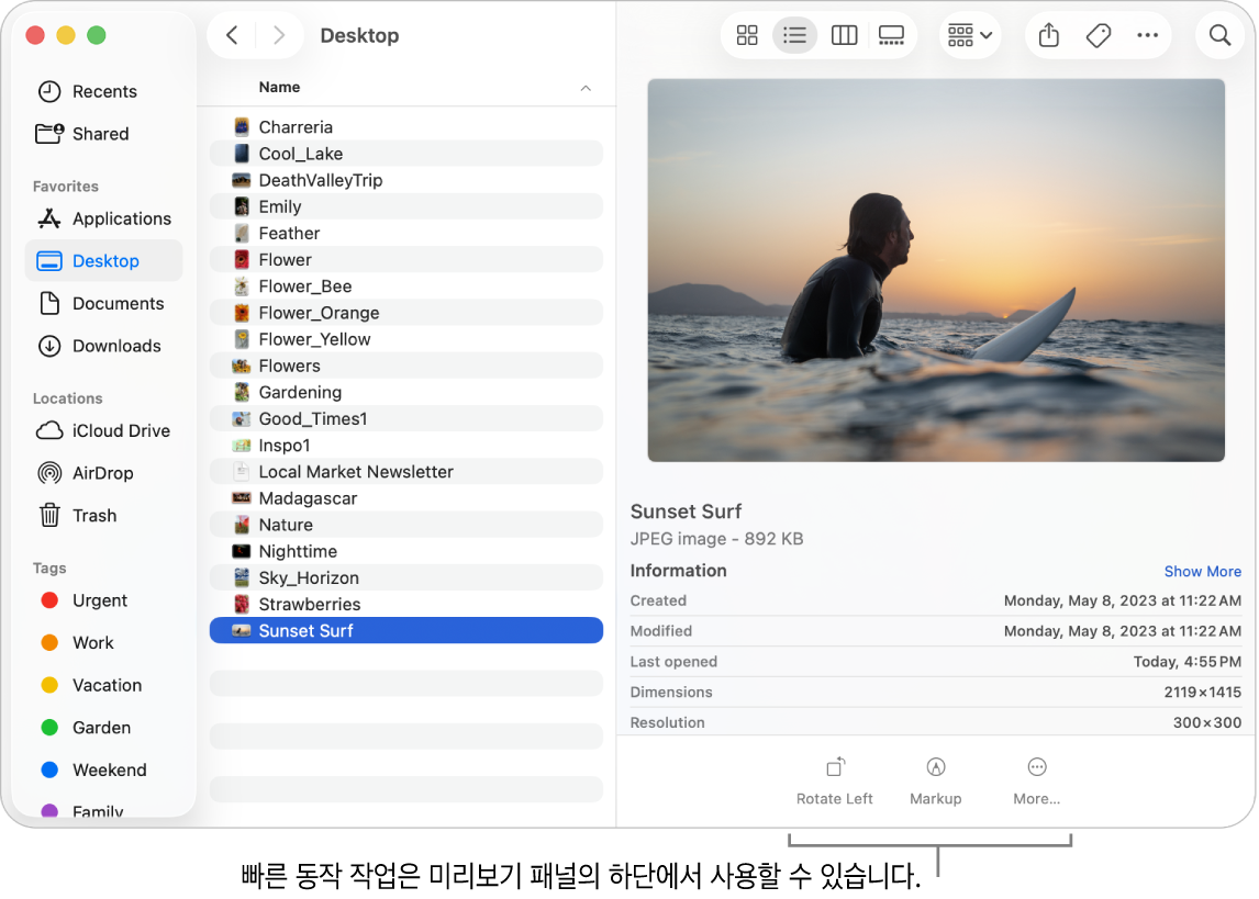 미리보기 패널 하단에 빠른 동작 버튼이 표시됨.