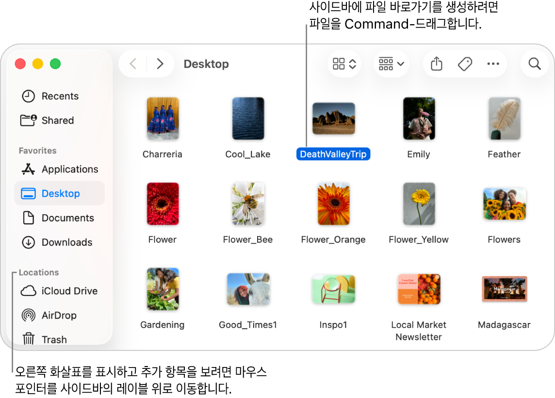 Finder 사이드바에서 위치의 오른쪽에는 화살표가 있으며 이 화살표를 클릭하면 추가 항목이 표시됨. 오른쪽의 Finder 윈도우에서 파일이 선택되어 있고 즐겨찾기 아래의 사이드바에는 해당 파일에 대한 단축 메뉴가 있음.