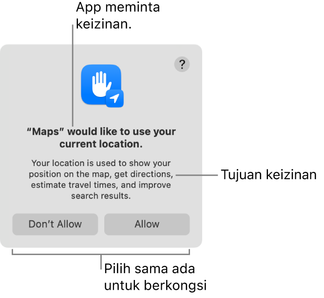 App Peta meminta kebenaran untuk menggunakan lokasi semasa anda.