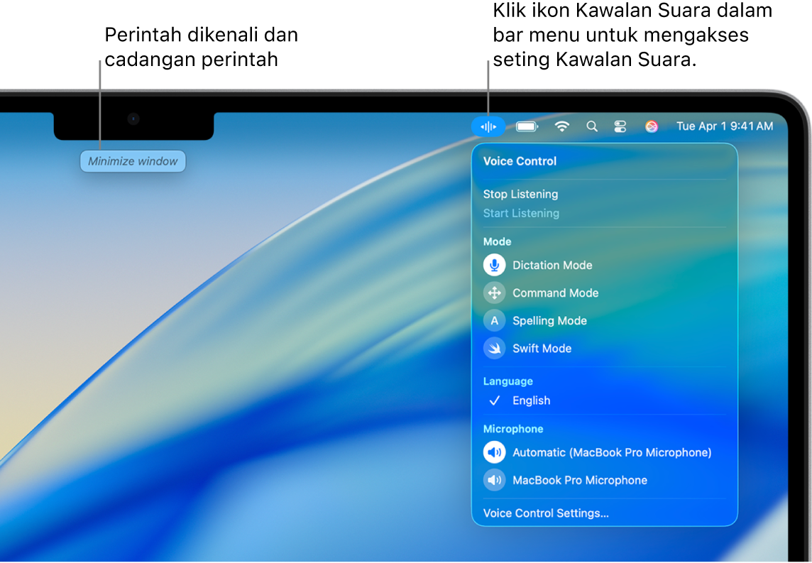Cadangan perintah ditunjukkan di bahagian atas desktop. Di sebelah kanan, ikon Kawalan Suara ditunjukkan dalam bar menu dan menu Kawalan Suara dibuka.