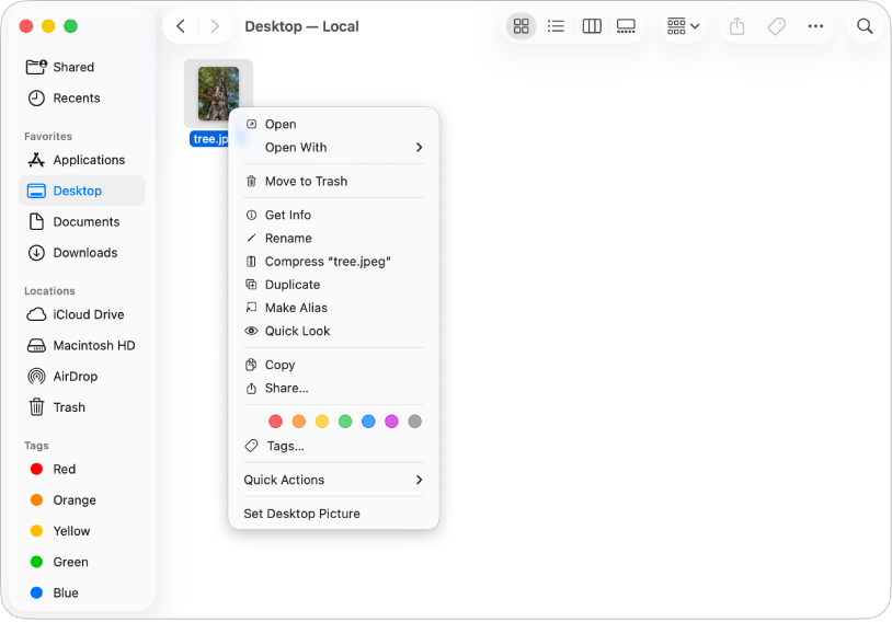 Tetingkap Finder menunjukkan menu pintasan untuk fail dipilih.