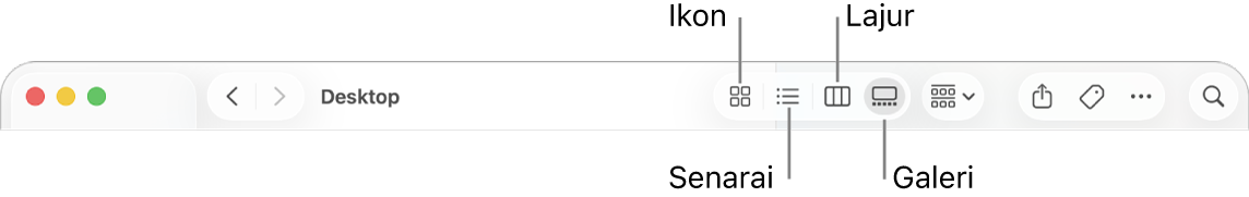 Bahagian atas tetingkap Finder menunjukkan butang pilihan Lihat untuk folder.