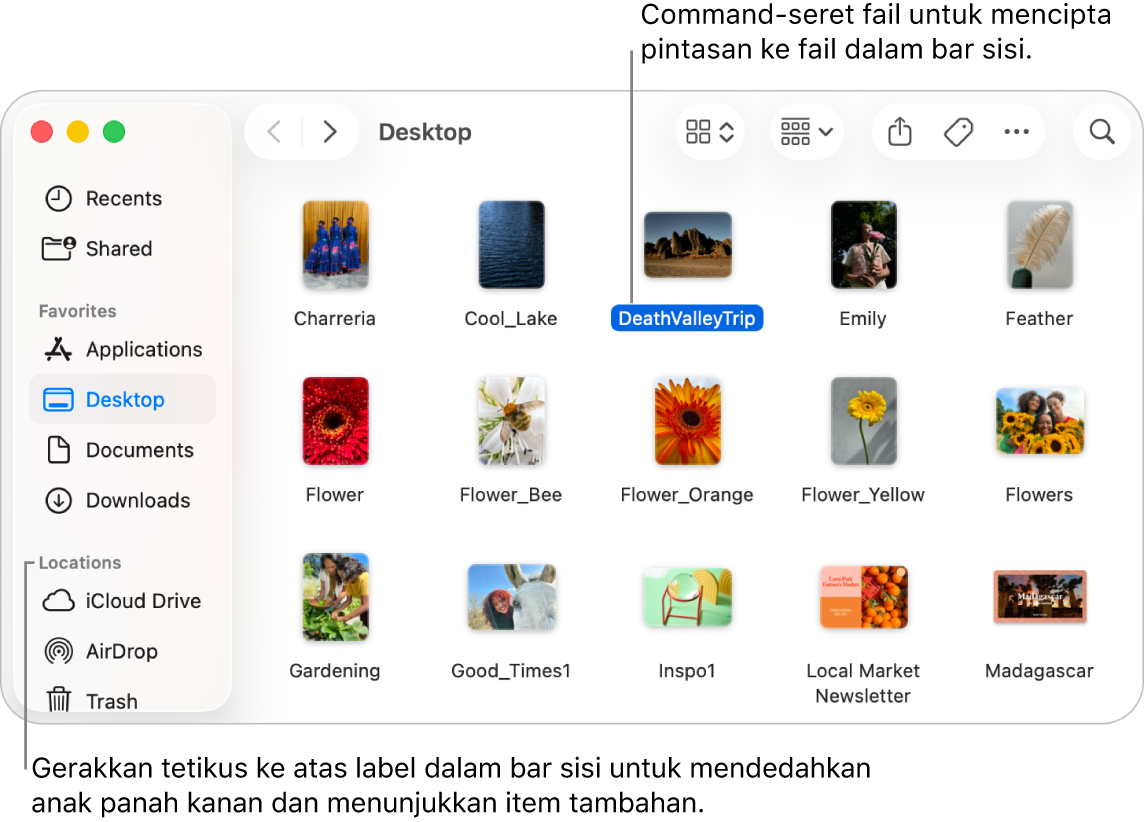 Di sebelah kanan Lokasi dalam bar sisi Finder ialah anak panah untuk mengklik bagi menunjukkan item tambahan. Dalam tetingkap Finder di sebelah kanan, fail dipilih dan pintasan ke fail berada dalam bar sisi, di bawah Kegemaran.