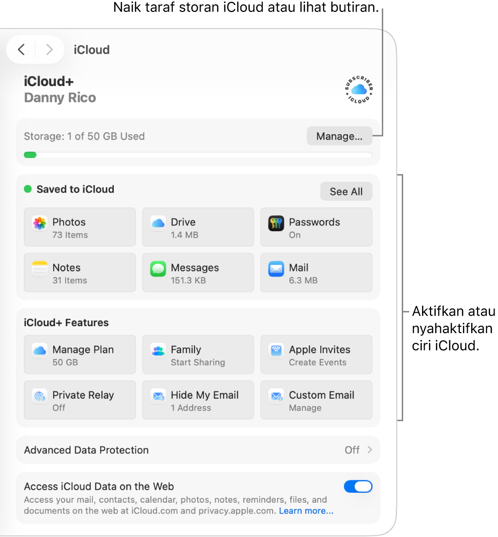 Seting iCloud untuk ciri yang paling biasa digunakan.