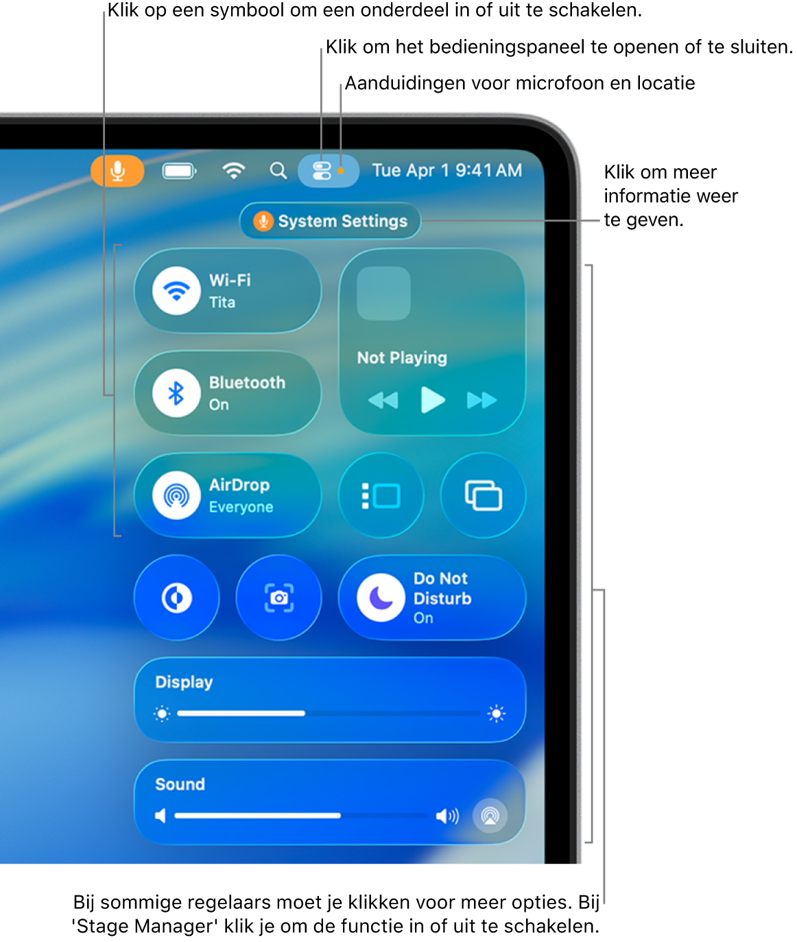 Het bedieningspaneel rechtsboven in het scherm, met onder andere regelaars voor 'Wifi', 'Focus', 'Niet storen', 'Geluid' en 'Huidig onderdeel'.