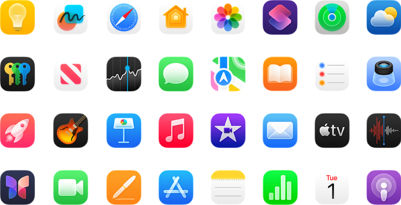 Symbolen van apps die bij macOS zijn meegeleverd.