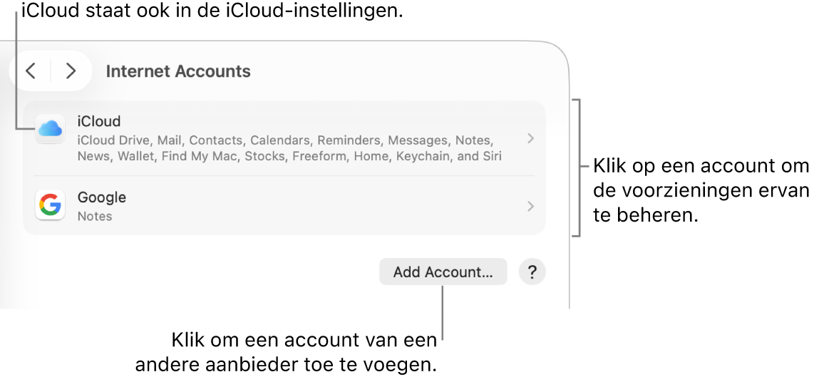 De instellingen voor 'Internetaccounts', met een overzicht van de accounts die op de Mac zijn geconfigureerd.