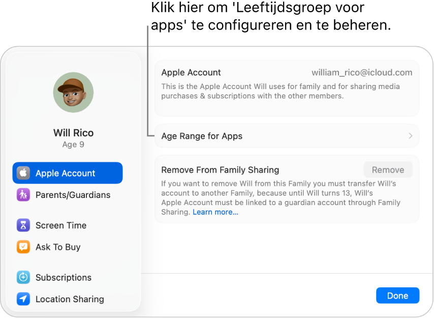 Een Mac met de Apple Account-instellingen van een kind, waarbij is aangegeven waar je 'Leeftijdsgroep voor apps' kunt configureren en beheren.