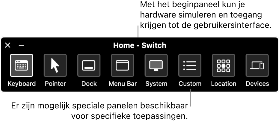 Het beginpaneel van Schakelbediening is uitgerust met knoppen waarmee je van links naar rechts het volgende regelt: toetsenbord, aanwijzer, Dock, menubalk, systeemregelaars, aangepaste panelen, schermlocatie en andere apparaten.