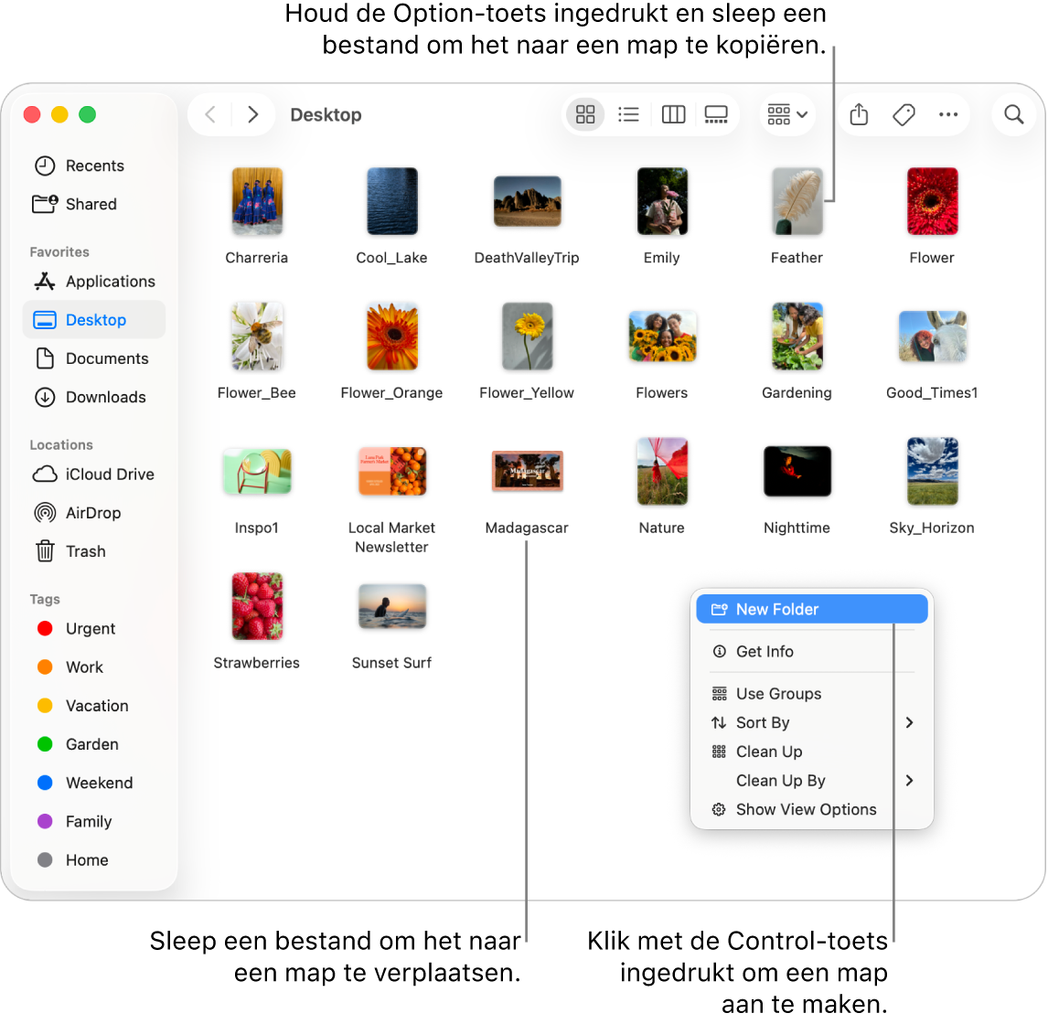 Een Finder-venster met bestanden en mappen. In het contextuele menu is 'Nieuwe map' gemarkeerd.