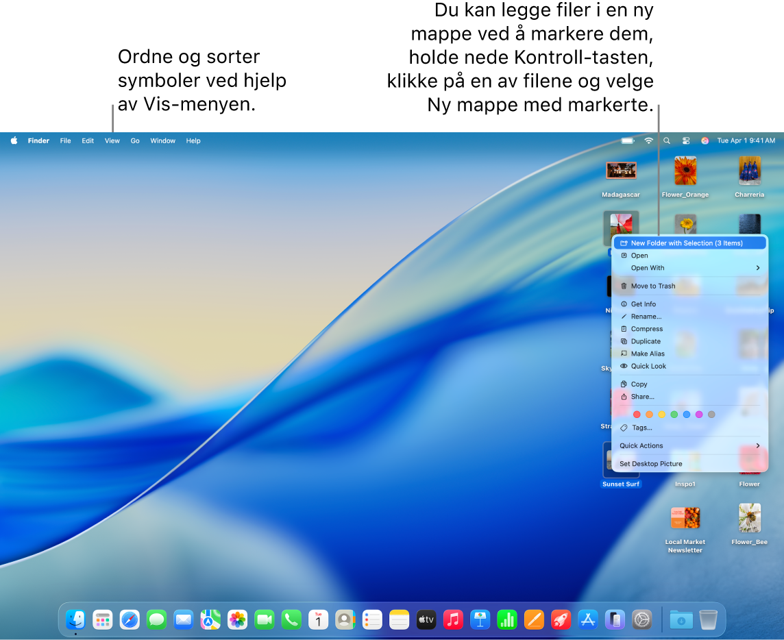 Et skrivebord som viser filer og mapper. Flere filer markeres og skal plasseres i en ny mappe. En lokalmeny for en markert fil vises, med Ny mappe med markering valgt.