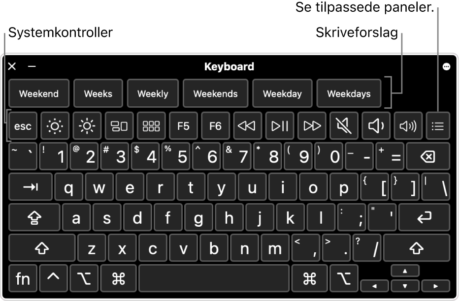 Tilgjengelighetstastaturet med skriveforslag øverst. Nedenfor er en rad med knapper for systemkontroller som kan utføre ting som å justere lysstyrken på skjermen, og vise tilpassede paneler.