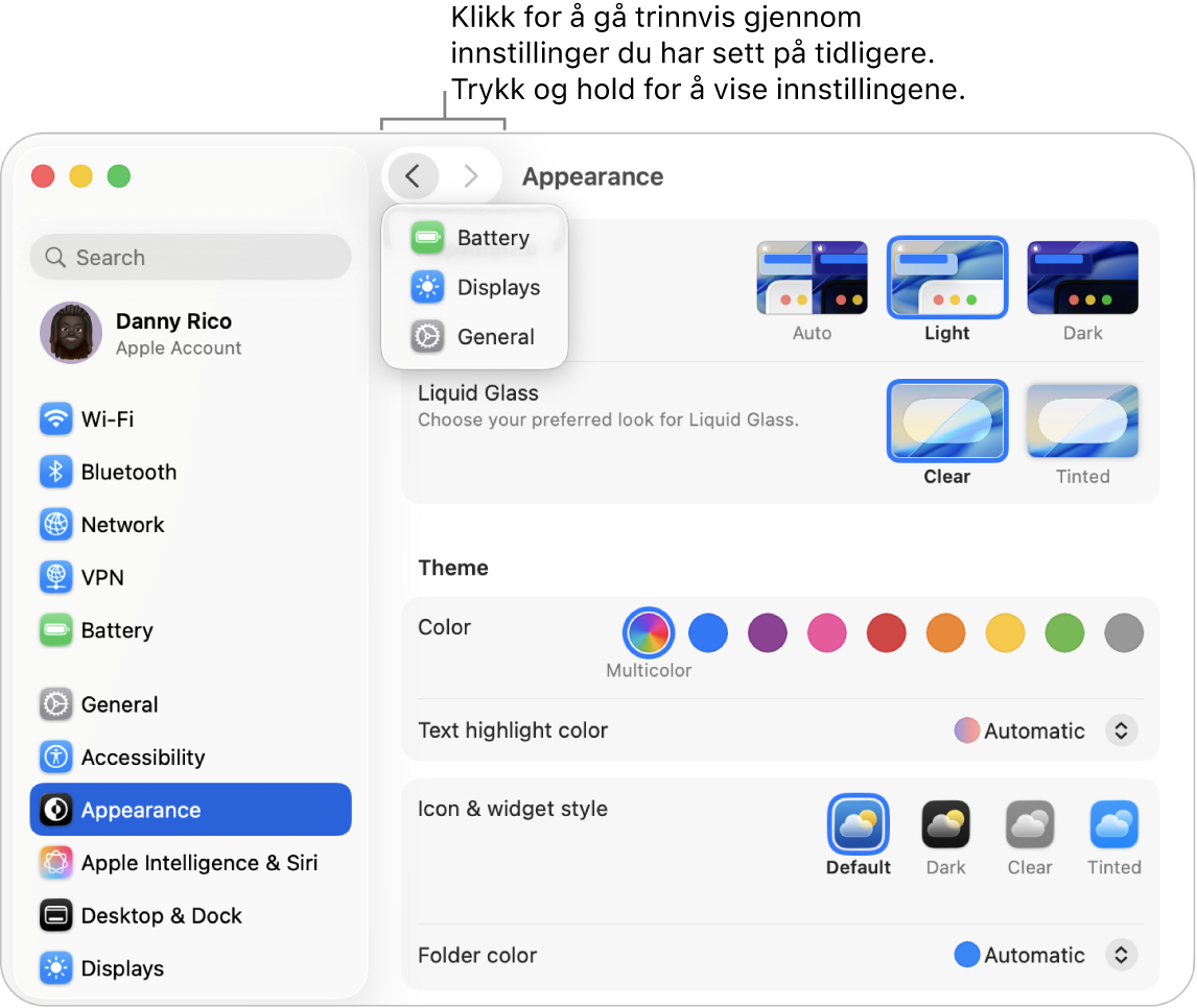 Systeminnstillinger-vinduet viser nylig besøkte innstillinger under Tilbake-knappen.