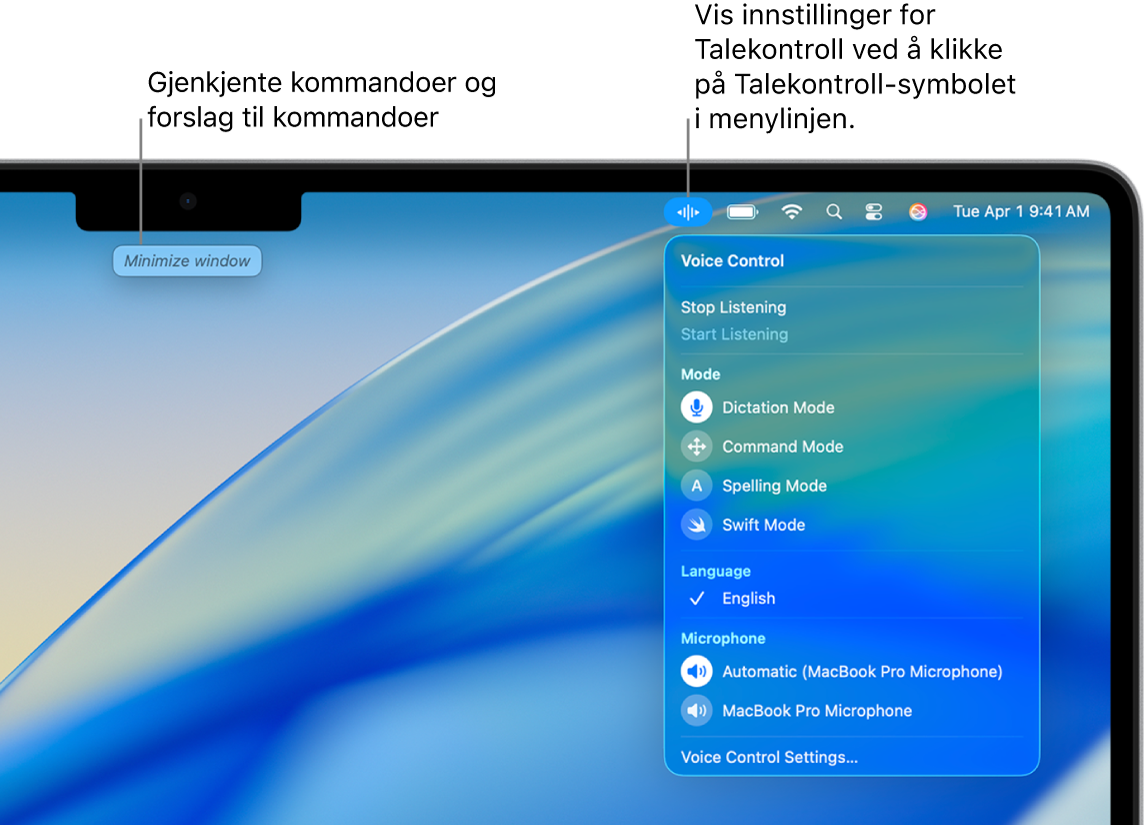 Et kommandoforslag vises øverst på skrivebordet. På høyre side vises Talekontroll-symbolet i menylinjen og Talekontroll-menyen er åpen.