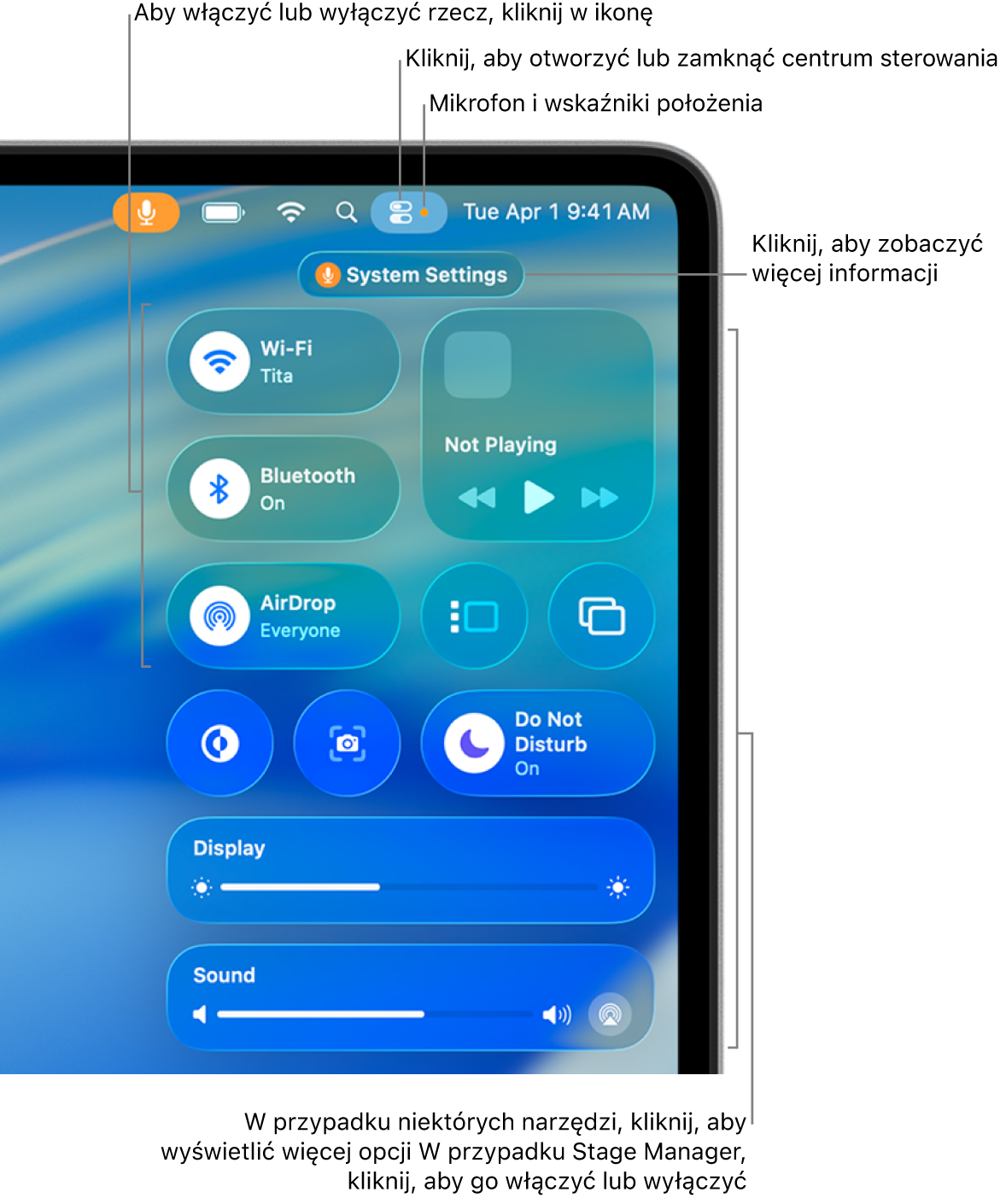 Centrum sterowania w prawym górnym rogu ekranu, zawierające między innymi narzędzia Wi‑Fi, Tryb skupienia, Dźwięk oraz Odtwarzane.