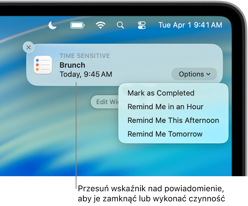 Powiadomienie aplikacji o przypomnieniu w prawym górnym rogu biurka, zawierające opcje Oznacz jako wykonane lub Przypomnij za godzinę.