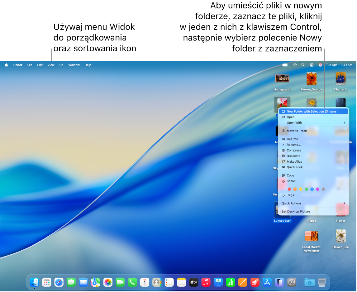Biurko z plikami i folderami. Niektóre pliki są zaznaczone w celu umieszczenia ich w nowym folderze. Wyświetlane jest menu podręczne dla zaznaczonego pliku, w którym wybrane jest polecenie Nowy folder z zaznaczeniem.