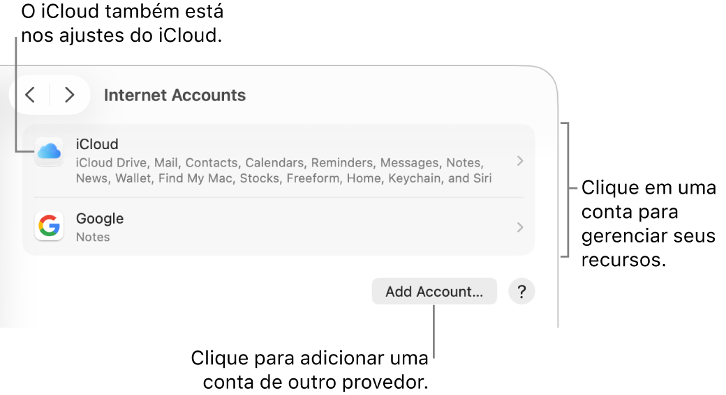Os ajustes de Contas de Internet, com a lista das contas que estão configuradas no Mac.