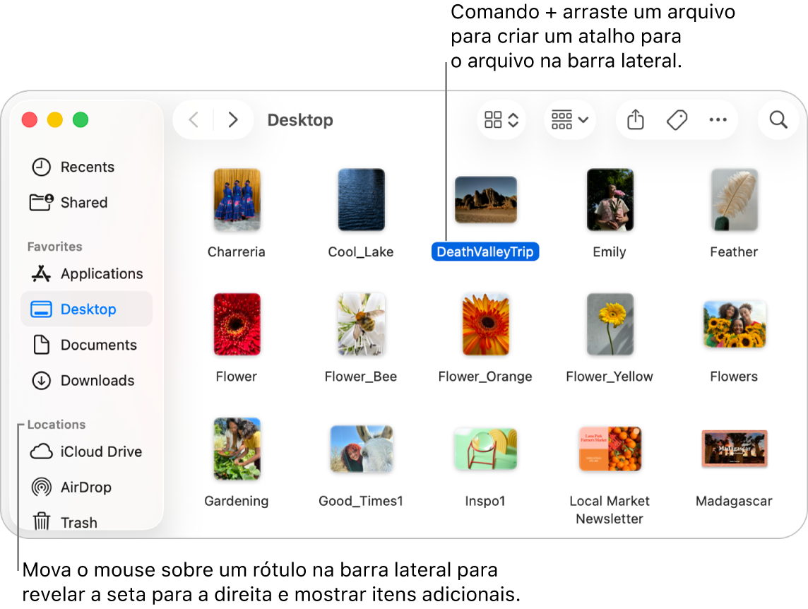 À direita de Localizações na barra lateral do Finder, há uma seta que pode ser clicada para mostrar itens adicionais. Na janela do Finder à direita, um arquivo está selecionado e um atalho para o arquivo está na barra lateral, abaixo de Favoritos.