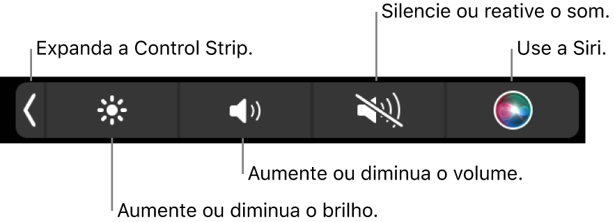 A Control Strip minimizada contém botões, da esquerda para a direita, para expandi-la, aumentar ou diminuir o brilho da tela e o volume, silenciar ou ativar o som e usar a Siri.
