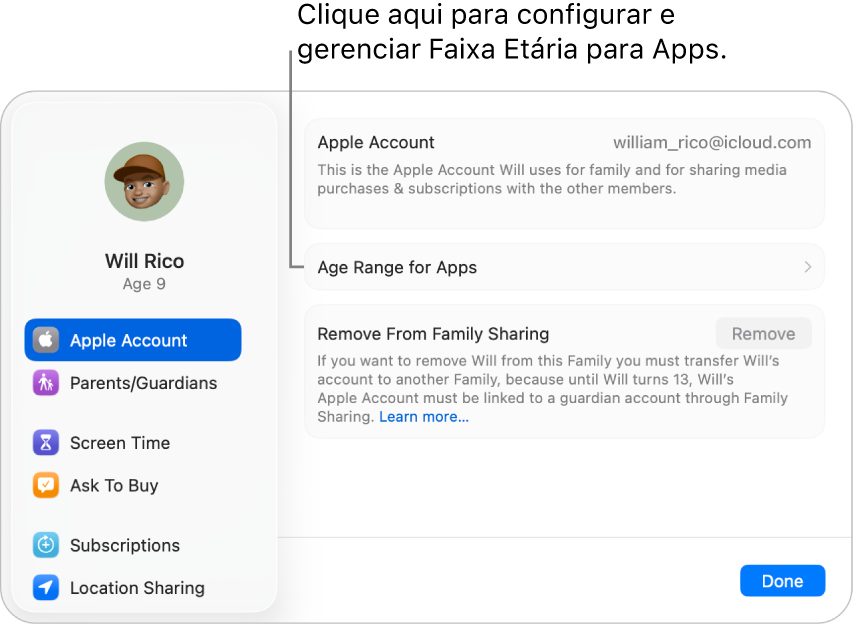 Ajustes da Conta Apple de uma criança exibidos no Mac, mostrando onde configurar e gerenciar a Faixa Etária para Apps.