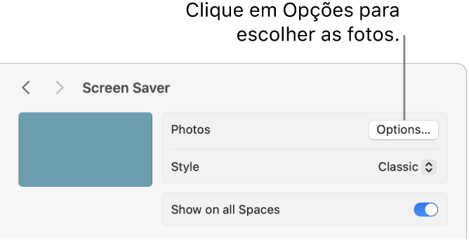 Parte superior da janela dos Ajustes do Sistema, mostrando opções de Fotos.