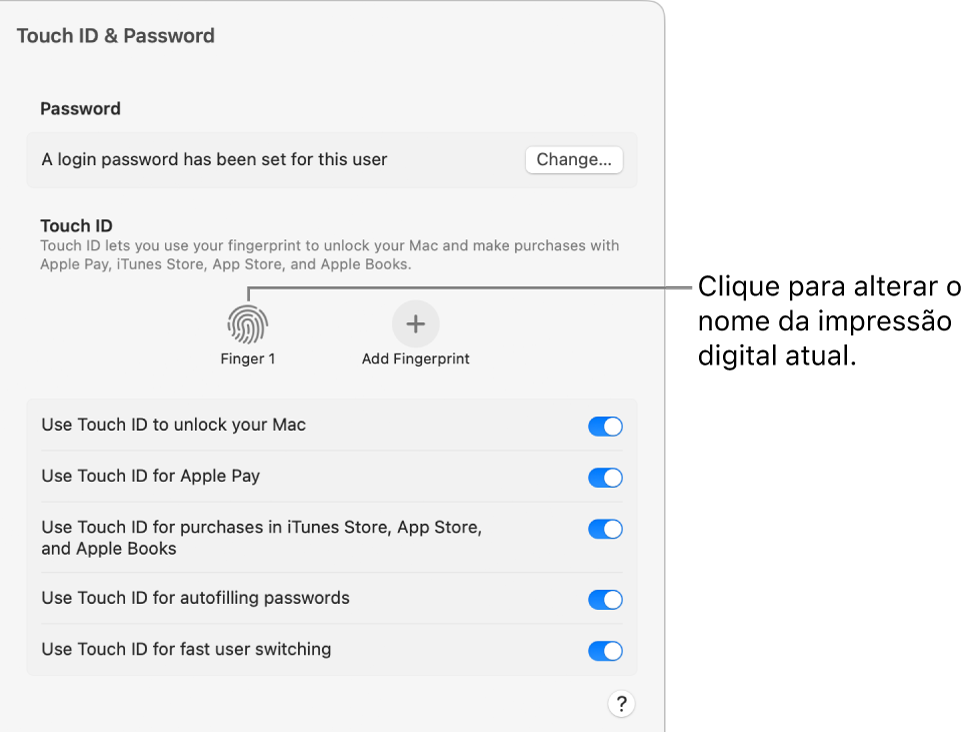 Definições de Touch ID e palavra-passe a mostrar que uma impressão digital está pronta e pode ser utilizada para desbloquear o Mac.