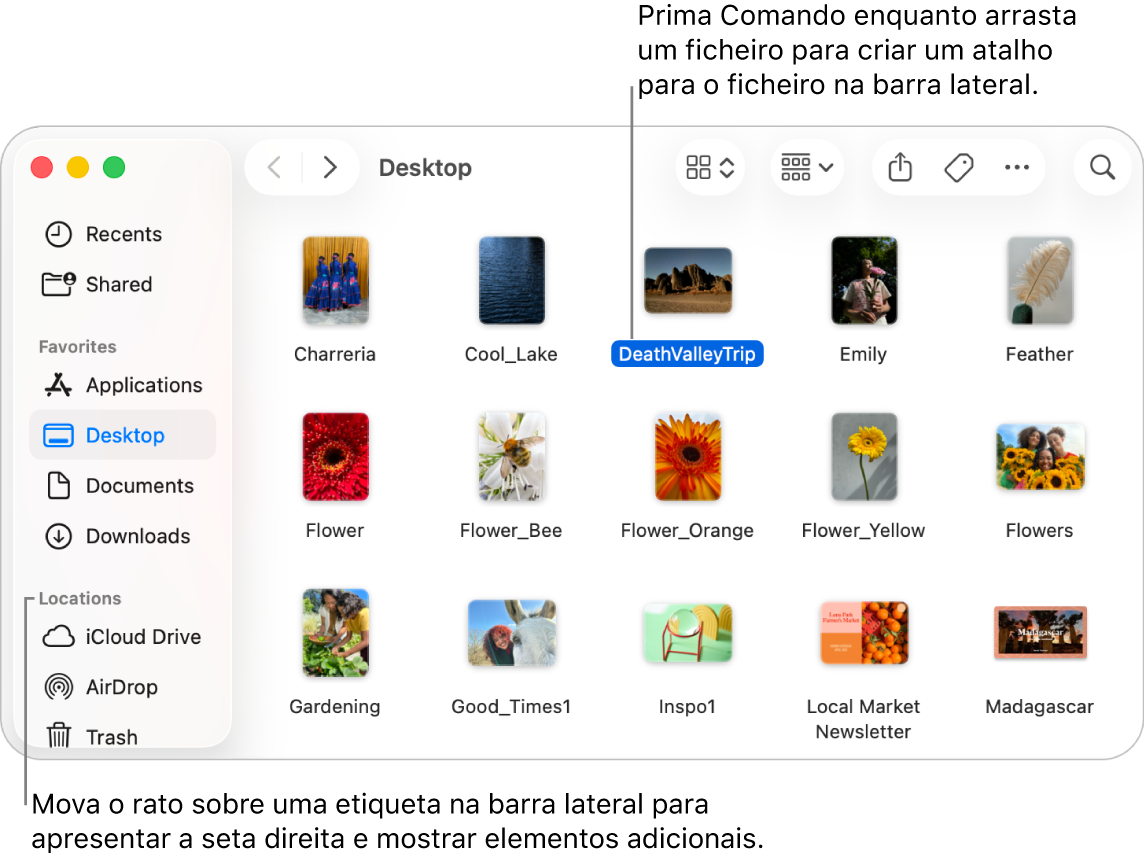 À direita de Locais na barra lateral do Finder encontra-se uma seta para clicar e mostrar mais elementos. Na janela do Finder à direita, um ficheiro está selecionado e existe um atalho para o ficheiro na barra lateral, em Favoritos.