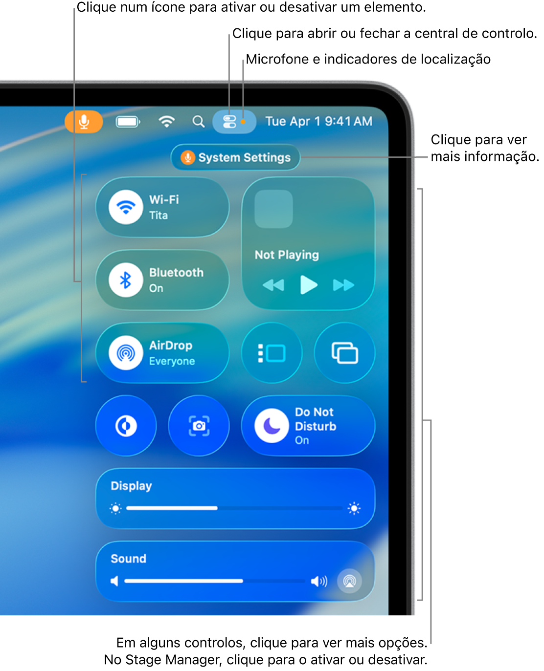 Central de controlo na parte superior direita do ecrã, a mostrar controlos para Wi-Fi, Foco, Som e “A reproduzir”, entre outros.