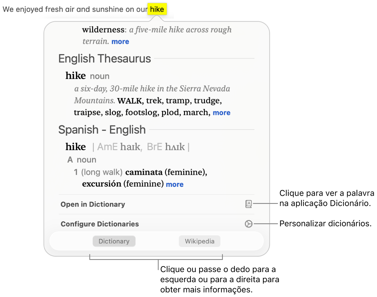 A janela Procurar a mostrar as definições do Dicionário e Thesaurus para uma palavra.