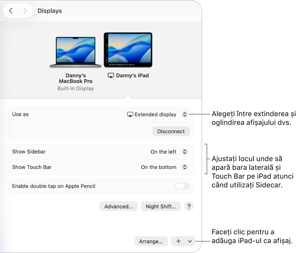 Panoul de configurări Afișaje de pe Mac, afișând opțiunile pentru configurarea Sidecar.