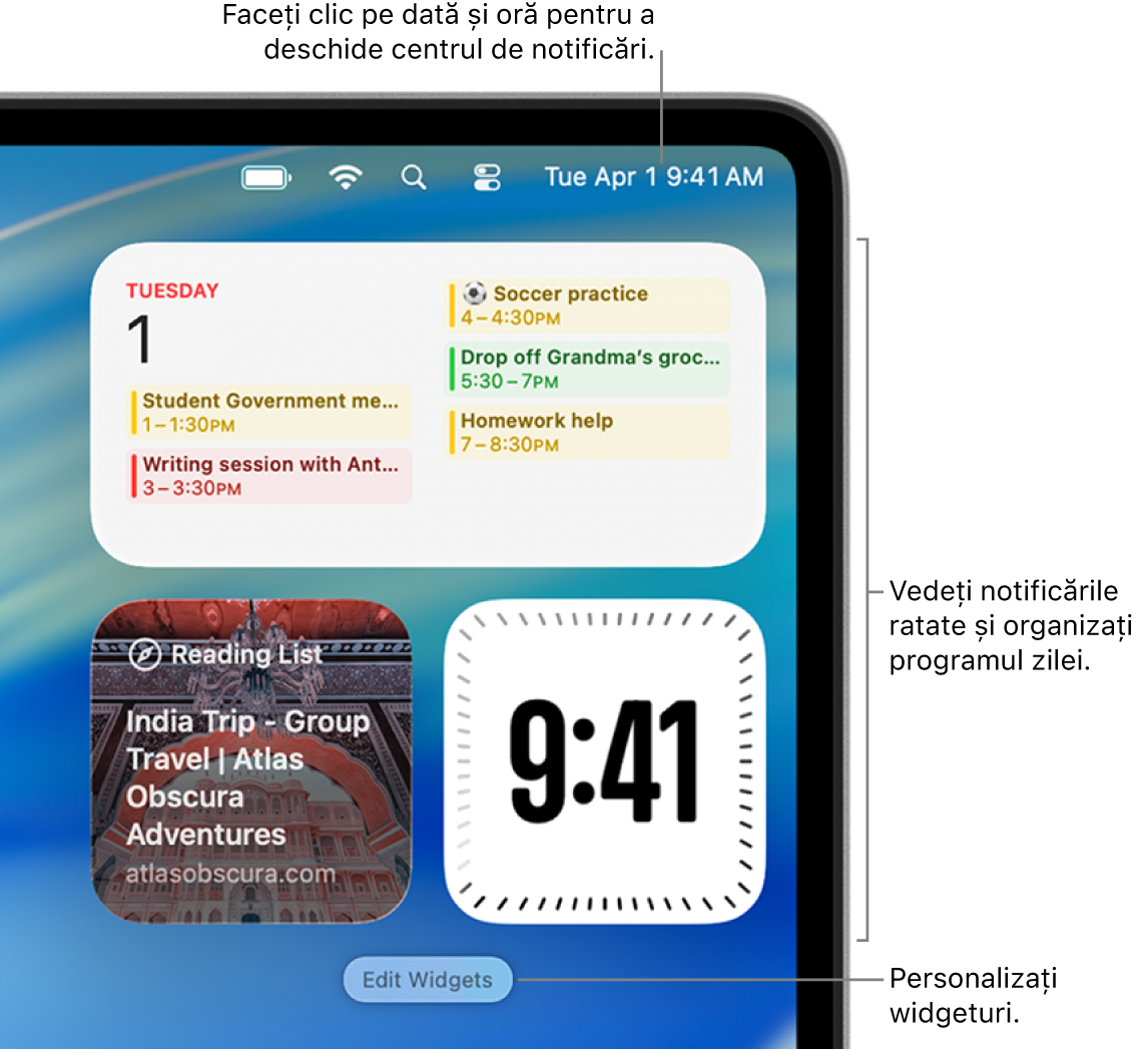 Notificări și widgeturi în centrul de notificări.
