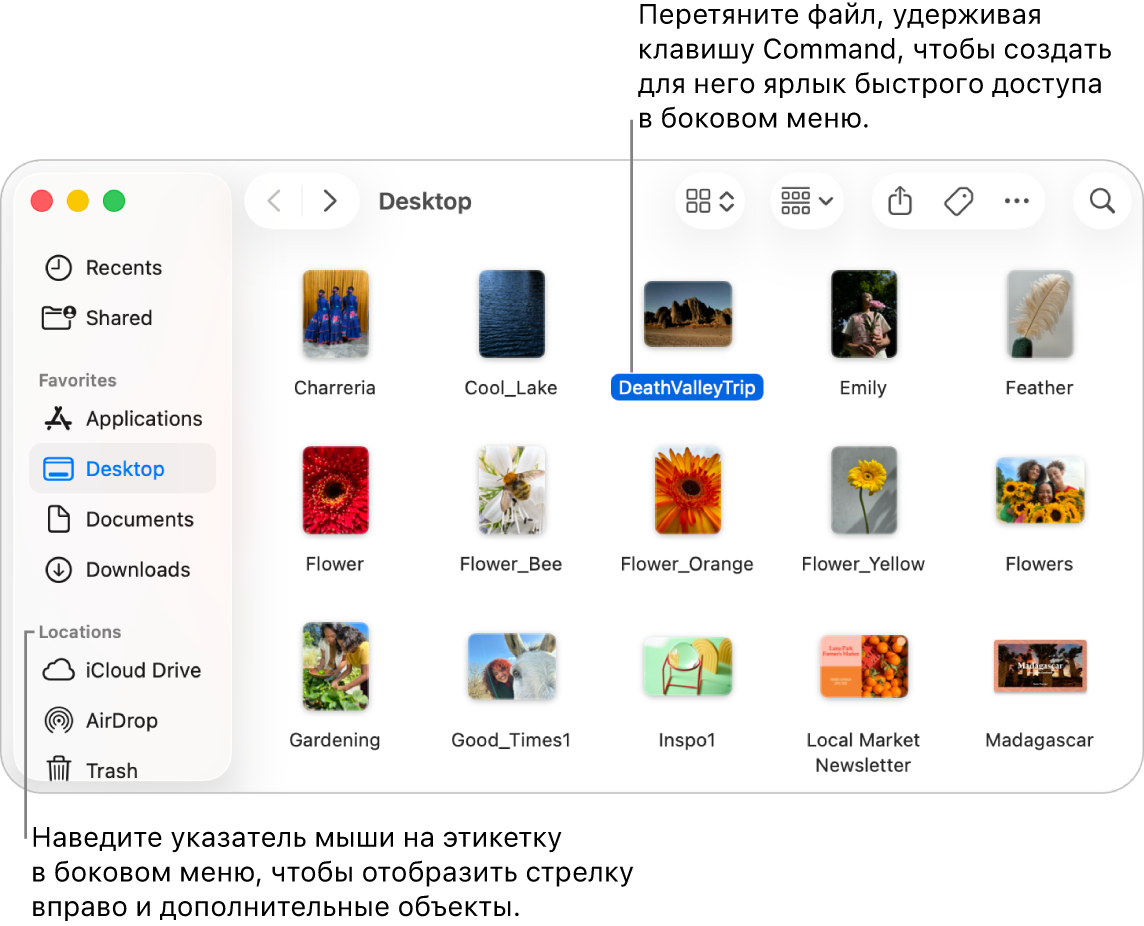 Справа от раздела «Места» в боковом меню Finder отображается стрелка, нажатие на которую показывает дополнительные объекты. В окне Finder справа выбран файл, и в боковом меню в разделе «Избранное» отображается ярлык файла.