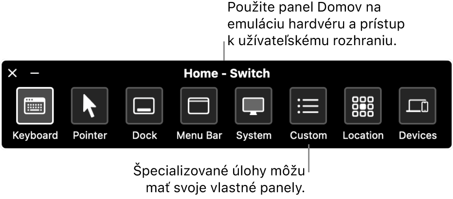 Domovský panel Switch Control obsahujúci (zľava doprava) tlačidlá na ovládanie klávesnice, kurzora, Docku, lišty, systémového ovládania, vlastných panelov, umiestnenia obrazovky a ostatných zariadení.