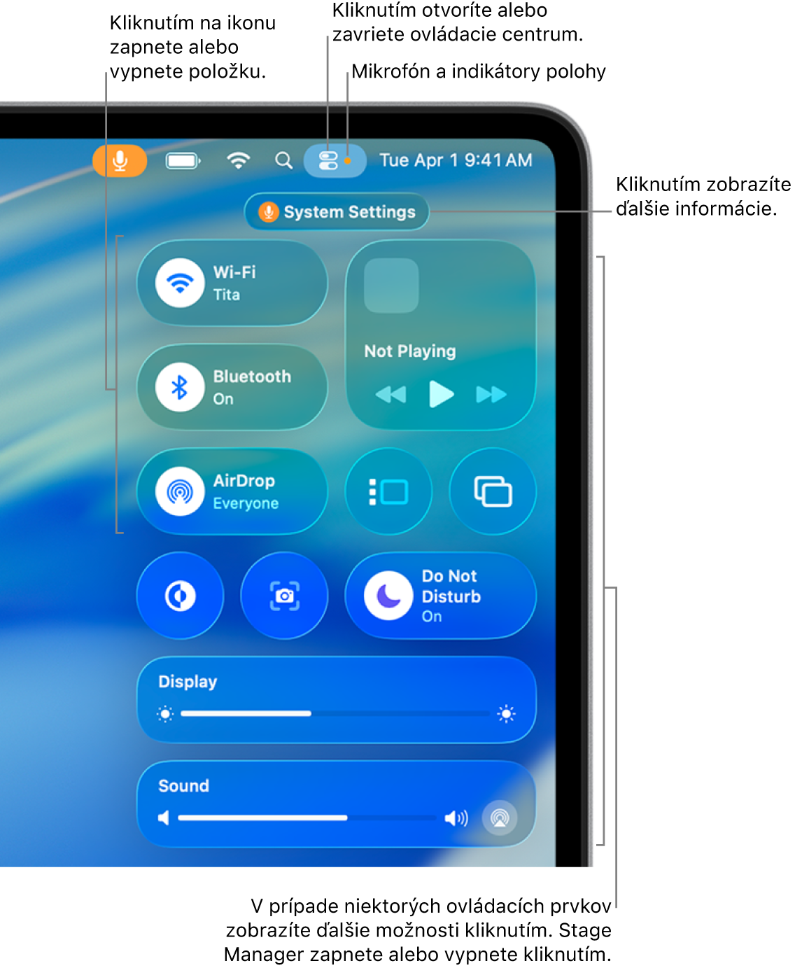 Ovládacie centrum v pravej hornej časti obrazovky zobrazujúce ovládacie prvky pre Wi-Fi, Môj čas, Zvuk a Práve hrá.