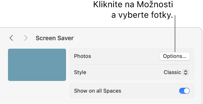 Horná časť okna Systémové nastavenia zobrazujúca možnosti pre apku Fotky.