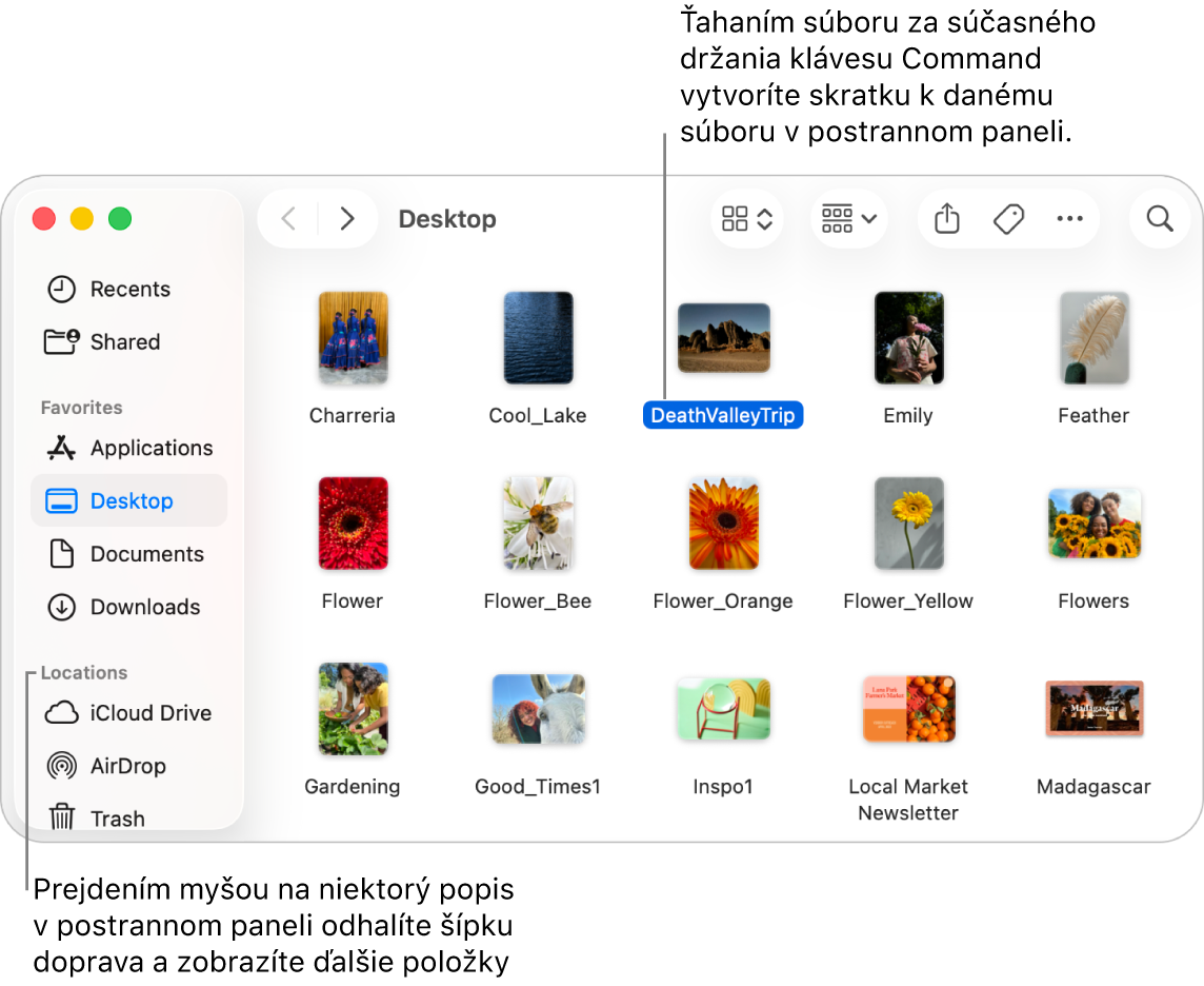Napravo od položky Umiestnenia na postrannom paneli Findera je šípka, na ktorú možno kliknúť a zobraziť tak ďalšie položky. V okne Findera na pravej strane je vybratý súbor a na postrannom paneli pod položkou Obľúbené sa nachádza skratka k danému súboru.