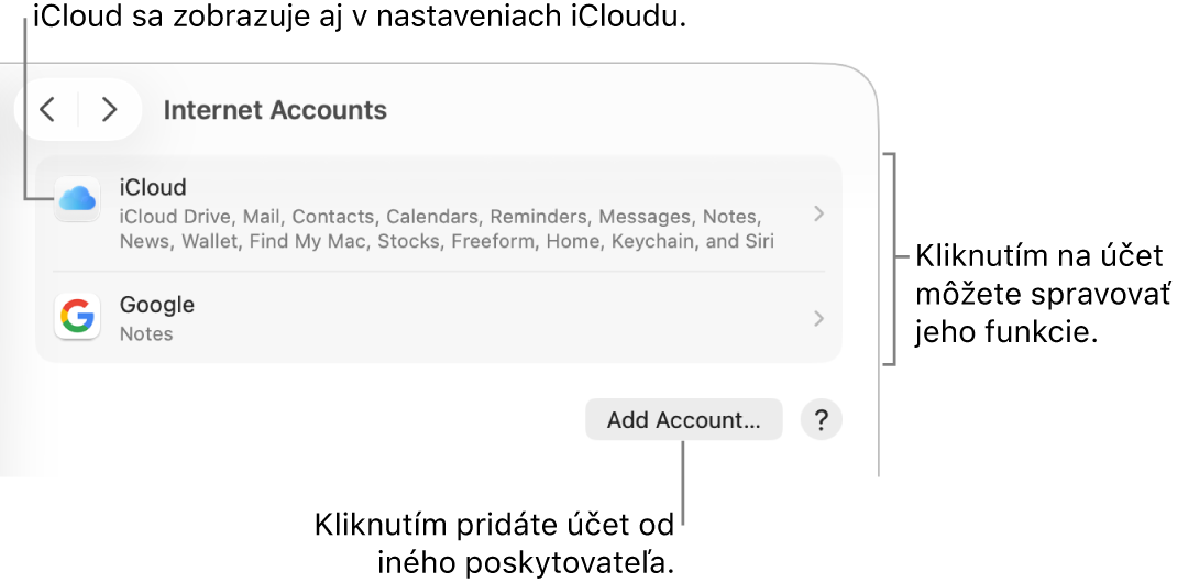 Nastavenia Internetové účty so zoznamom účtov, ktoré sú nastavené na Macu.