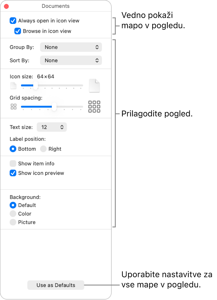 Možnosti pogleda ikon za mapo.