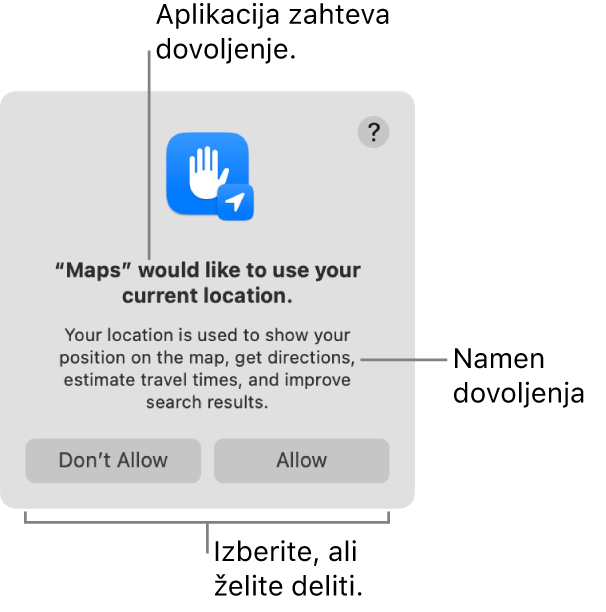 Aplikacija Zemljevidi prosi za dovoljenje za uporabo trenutne lokacije.