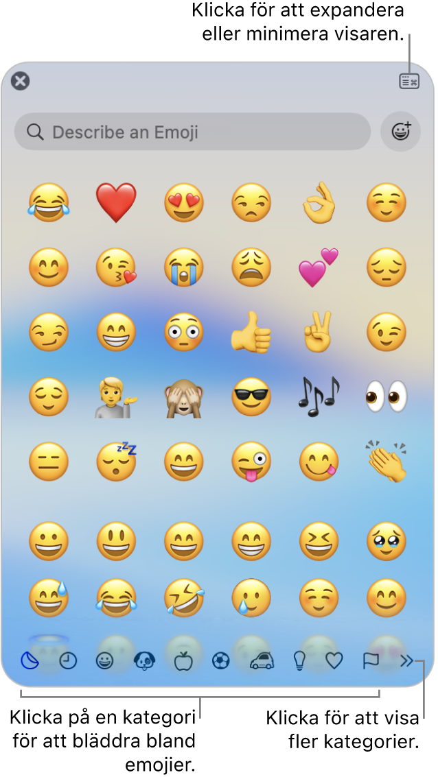 Teckenvisarfönstret. Klicka på en kategori längst ned för att bläddra bland tecken eller symboler. Ange ett symbolnamn eller en kod i sökfältet för att hitta ett särskilt tecken. Klicka i det övre högra hörnet för att expandera eller fälla ihop fönstret.