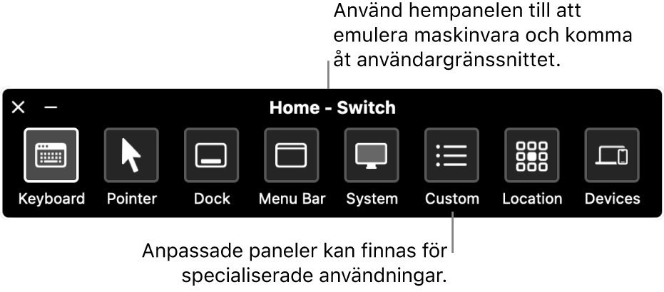 På hempanelen för Reglagestyrning finns, från vänster till höger, knappar för att styra tangentbordet, pekaren, Dock, menyraden, systemreglage, anpassade paneler, skärmplacering och andra enheter.